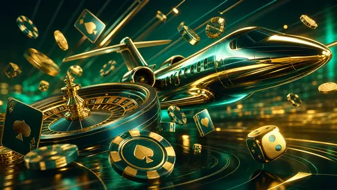 Futuristic theme with holographic casino elements for Aerobet, featuring glowing dice and poker chips in a sleek design